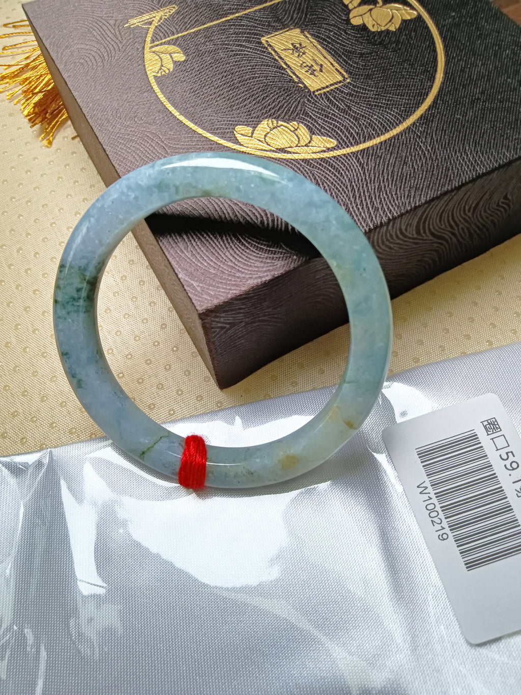 Light Green with Floating Flower and Gold Flecked Myanmar Jadeite Bracelet (Size: 59.1mm) #W219