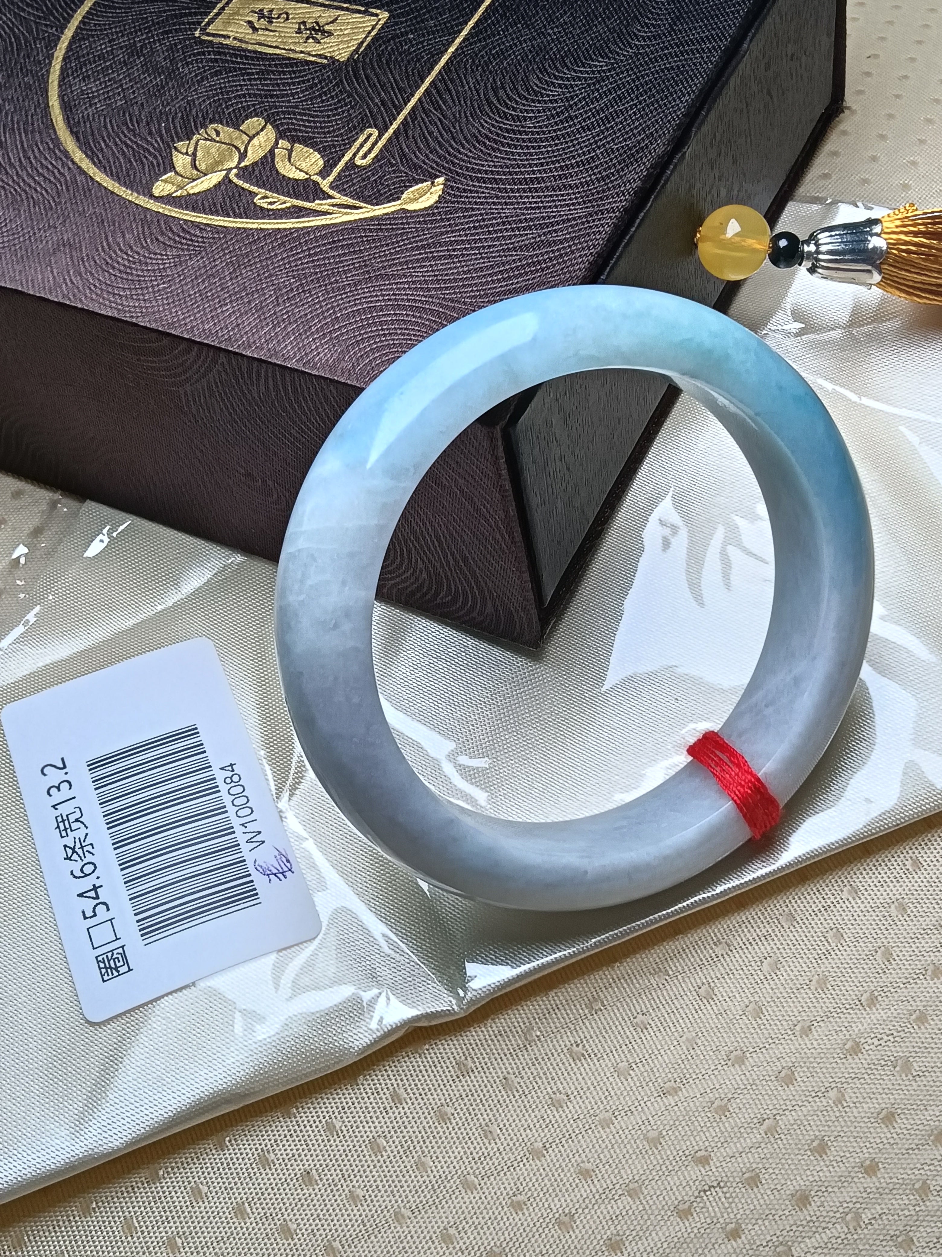 White Color with Light Green Nature Type-A Jadeite Bangles (Size:54-55mm) #W084