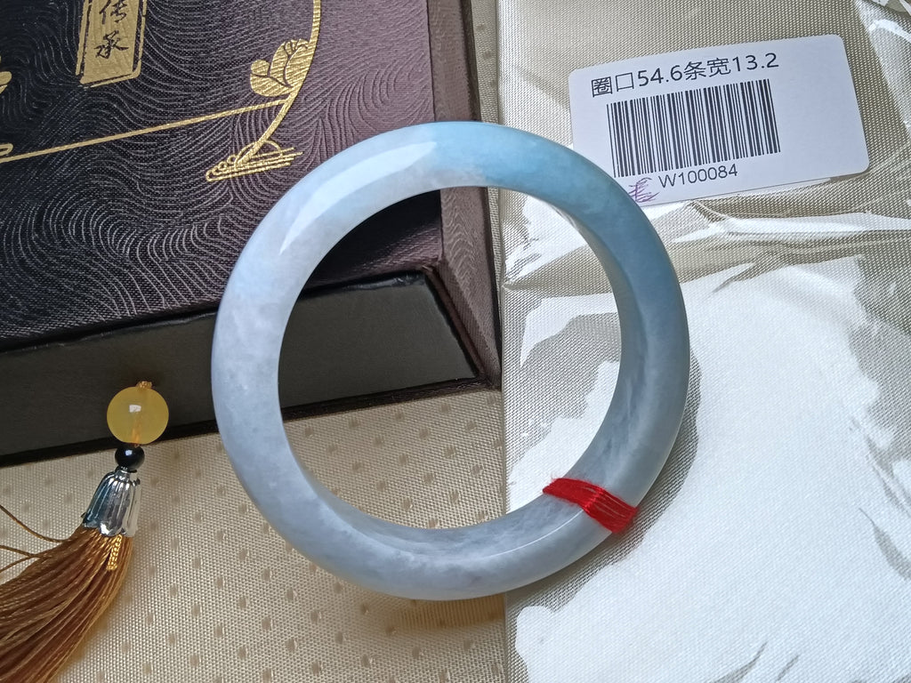 White Color with Light Green Nature Type-A Jadeite Bangles (Size:54-55mm) #W084