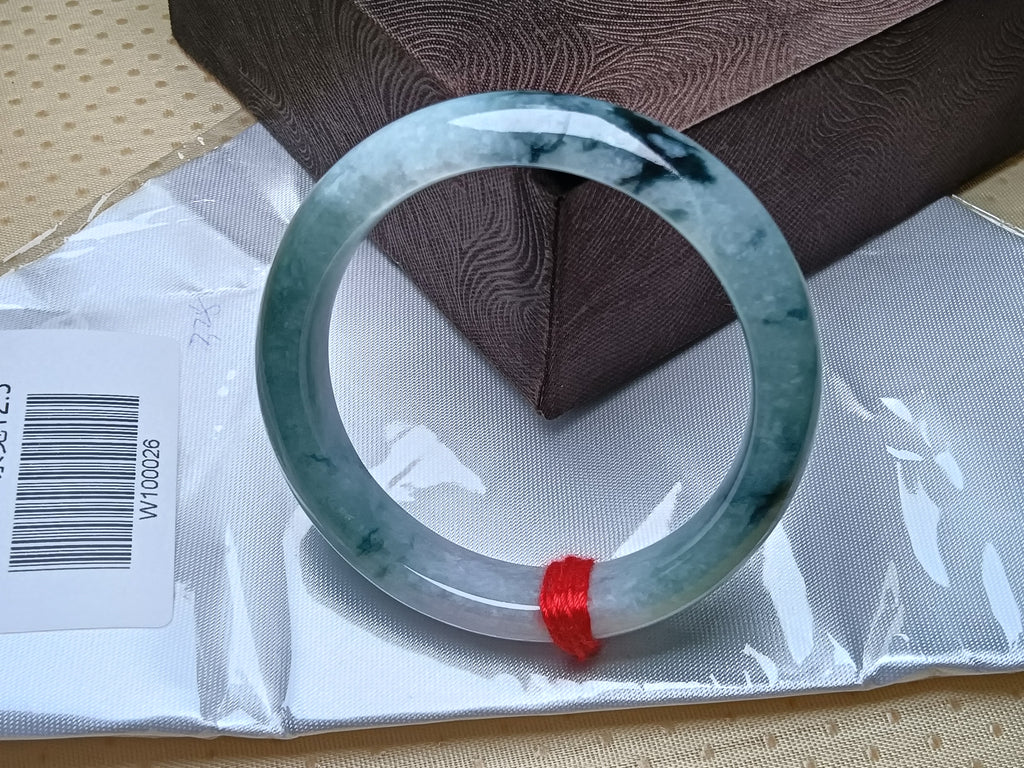 Apple Green with Lavender and Drak Floating Flower Nature Type-A Jadeite Bangles (Size:54-55mm) #W026