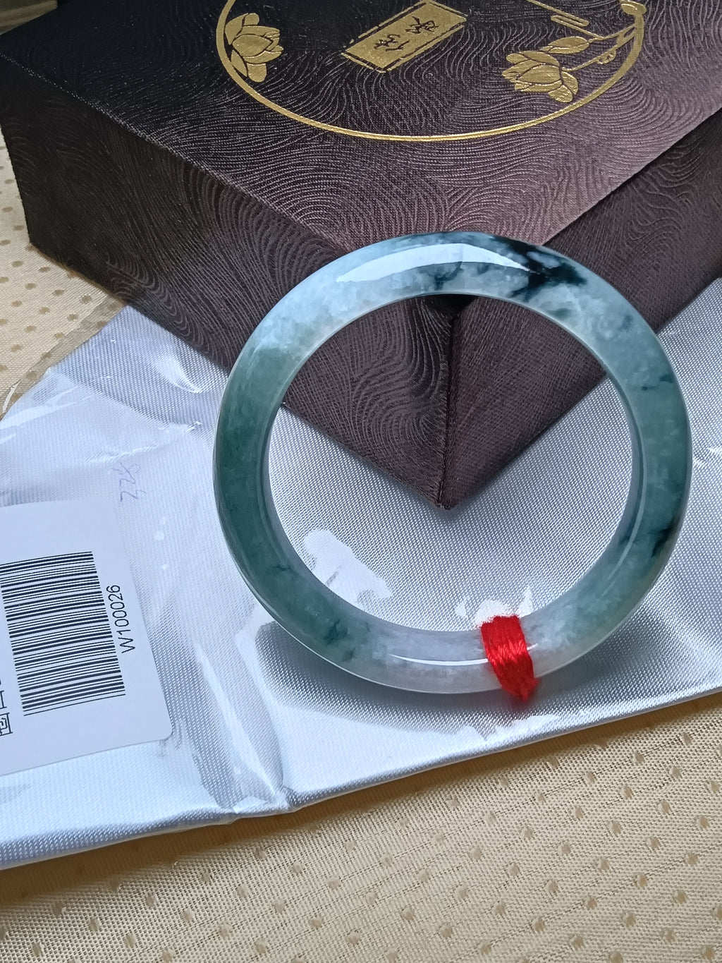 Apple Green with Lavender and Drak Floating Flower Nature Type-A Jadeite Bangles (Size:54-55mm) #W026