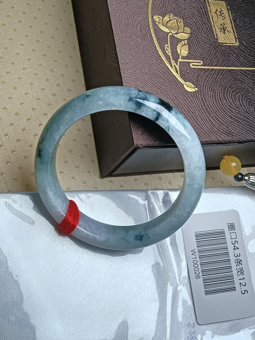 Apple Green with Lavender and Drak Floating Flower Nature Type-A Jadeite Bangles (Size:54-55mm) #W026