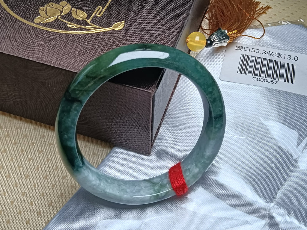 Half Mountain/Half Water Drak Green Natural Type-A Jade Bangle(Size: 53-54mm) #C057