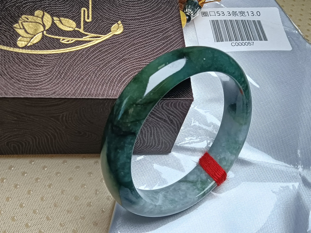 Half Mountain/Half Water Drak Green Natural Type-A Jade Bangle(Size: 53-54mm) #C057