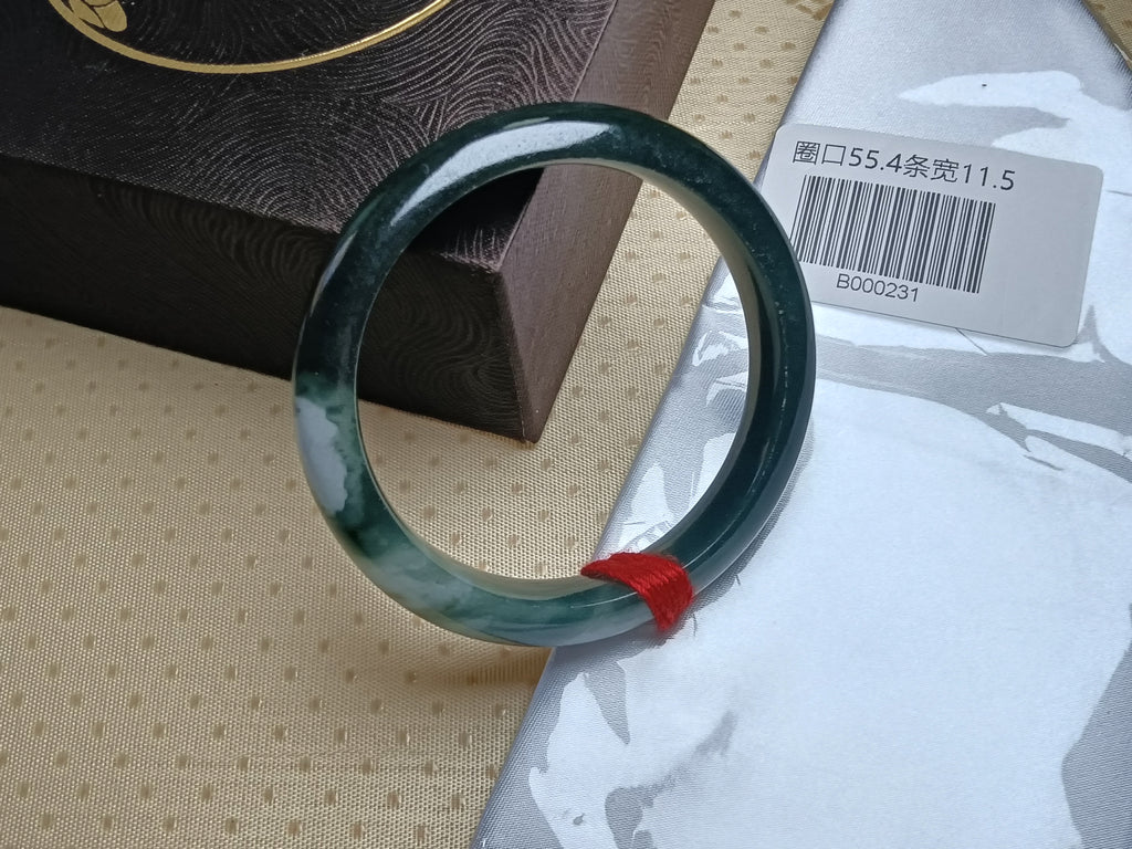 Dark Green with White Nature Type-A Jadeite Bangles (Size:54-55mm) #B231