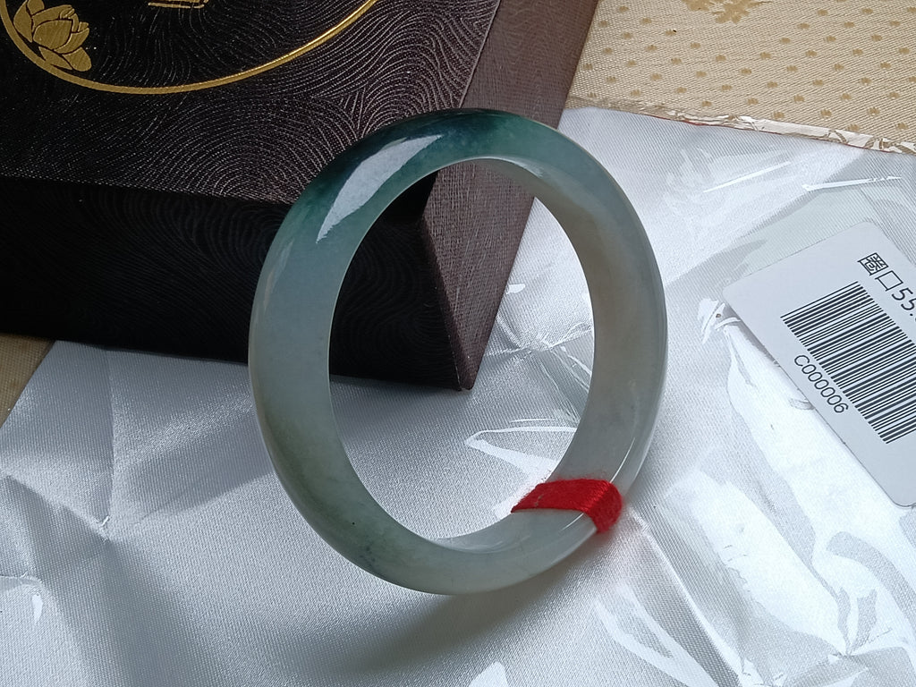 Moonlight Color Base with  Dark Green Floating Flower Nature Type-A Jadeite Bangles (Size:55-56mm) #C006