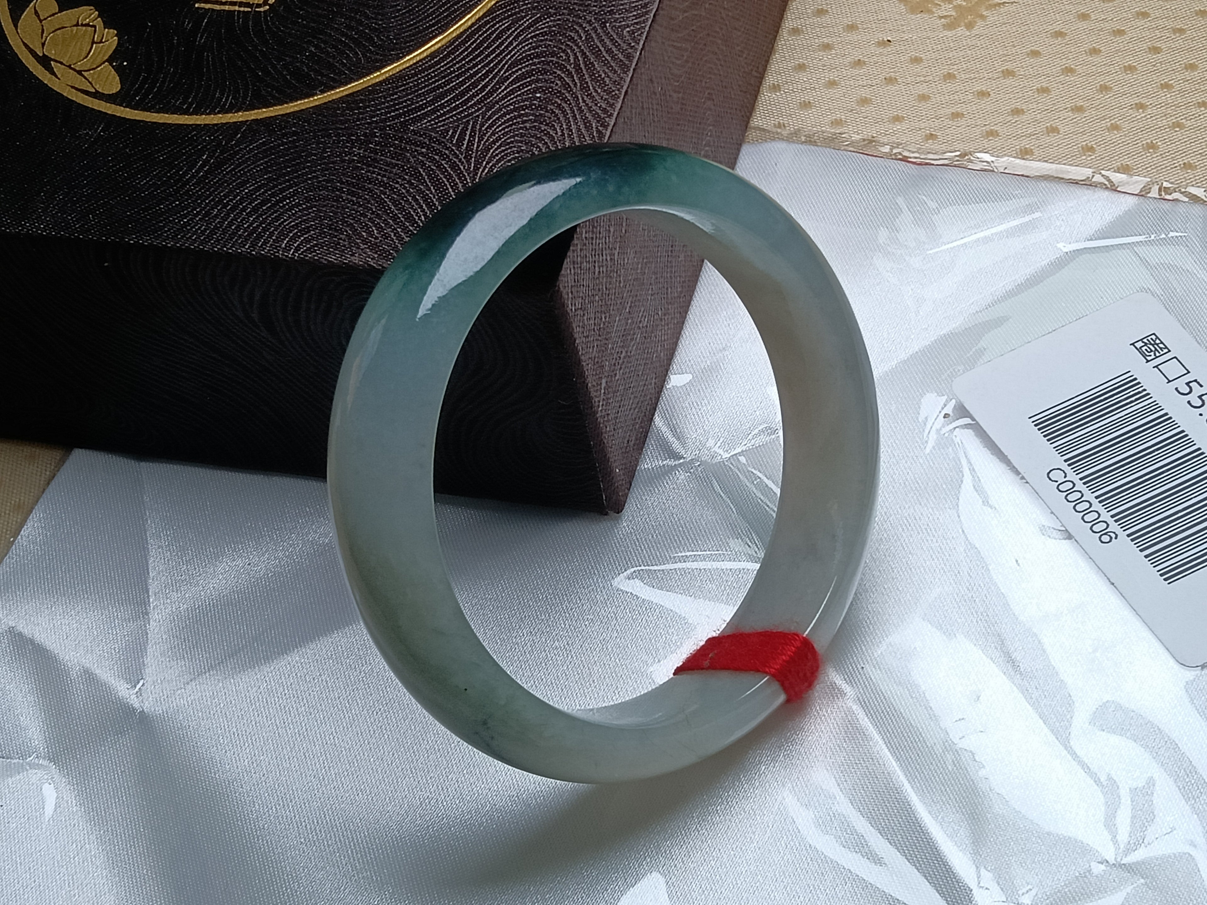 Moonlight Color Base with  Dark Green Floating Flower Nature Type-A Jadeite Bangles (Size:55-56mm) #C006