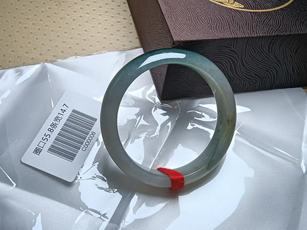 Moonlight Color Base with  Dark Green Floating Flower Nature Type-A Jadeite Bangles (Size:55-56mm) #C006