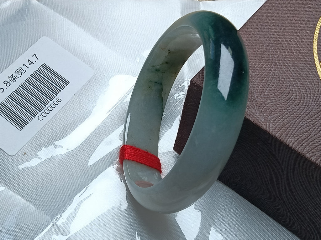 Moonlight Color Base with  Dark Green Floating Flower Nature Type-A Jadeite Bangles (Size:55-56mm) #C006