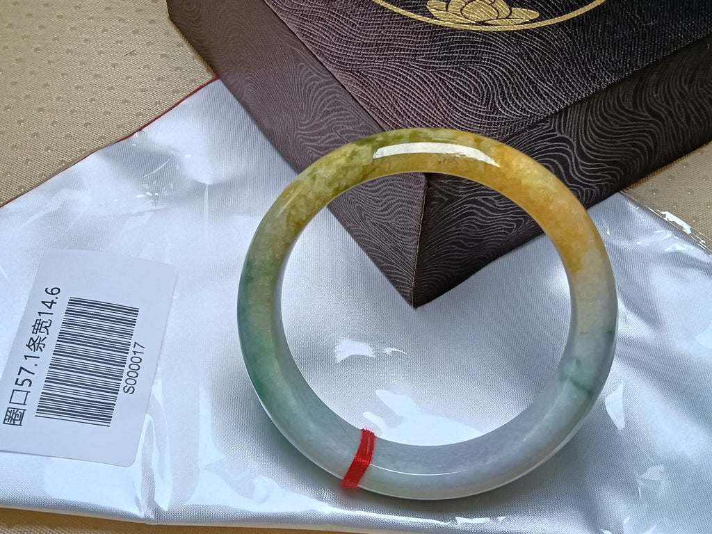 Icy Apple Green & White Yellow-Brown Patches Burmess Grade A Jadeite Bracelets (Size:57mm) #S017