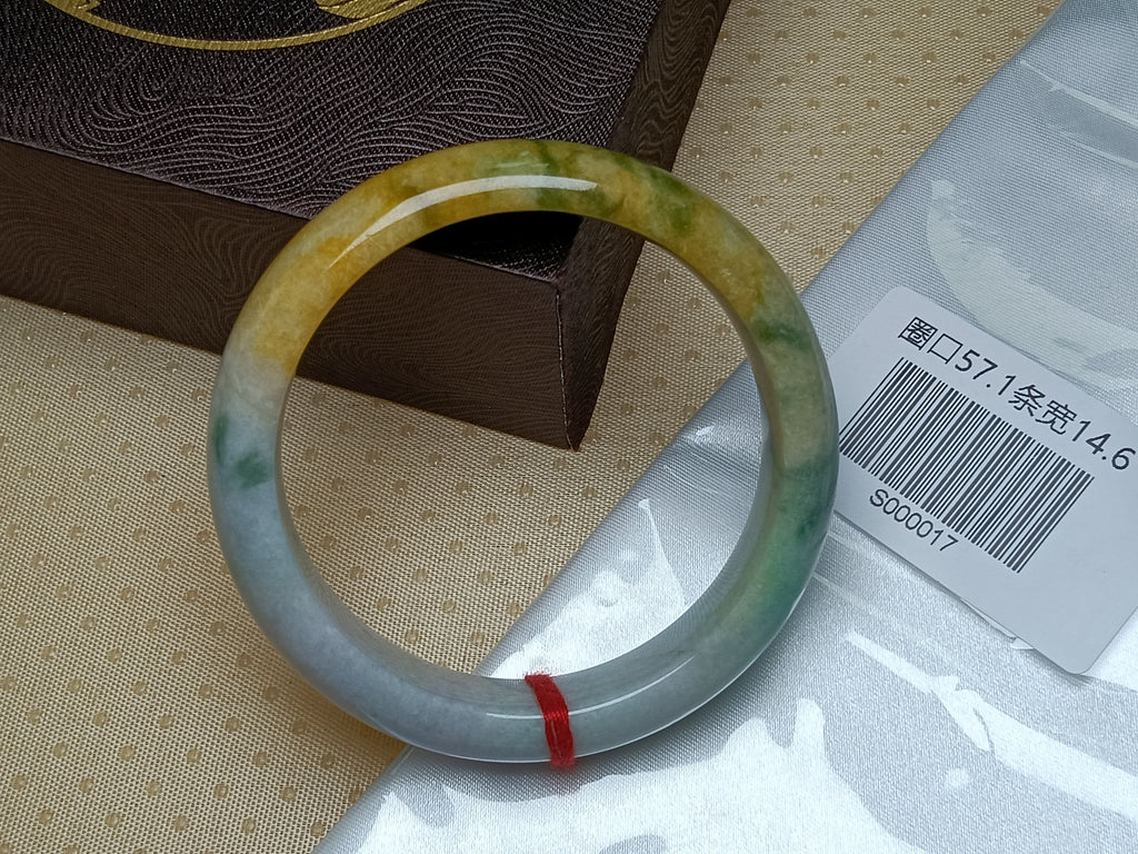 Icy Apple Green & White Yellow-Brown Patches Burmess Grade A Jadeite Bracelets (Size:57mm) #S017