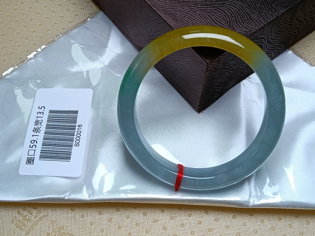 Shiny Icy Apple Green & White Yellow-Brown Patches Burmess Grade A Jadeite Bracelets (Size:59mm) #S016