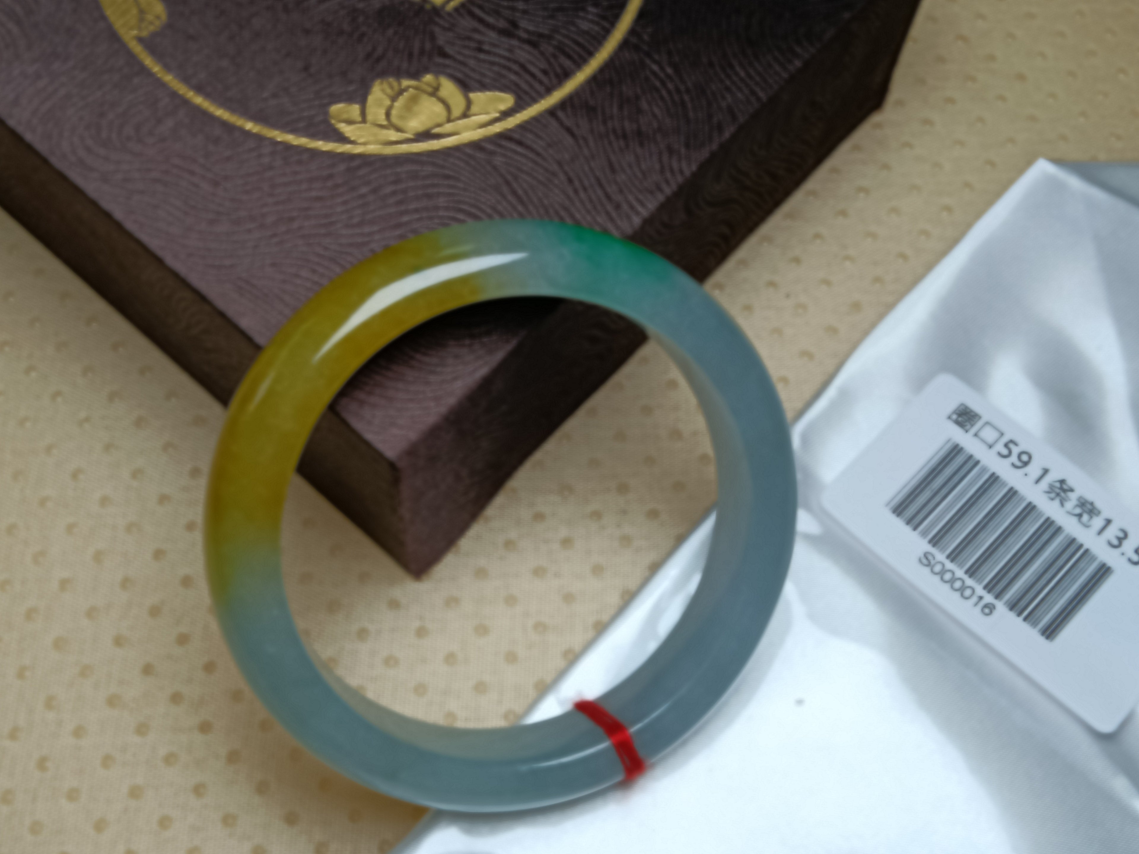 Shiny Icy Apple Green & White Yellow-Brown Patches Burmess Grade A Jadeite Bracelets (Size:59mm) #S016