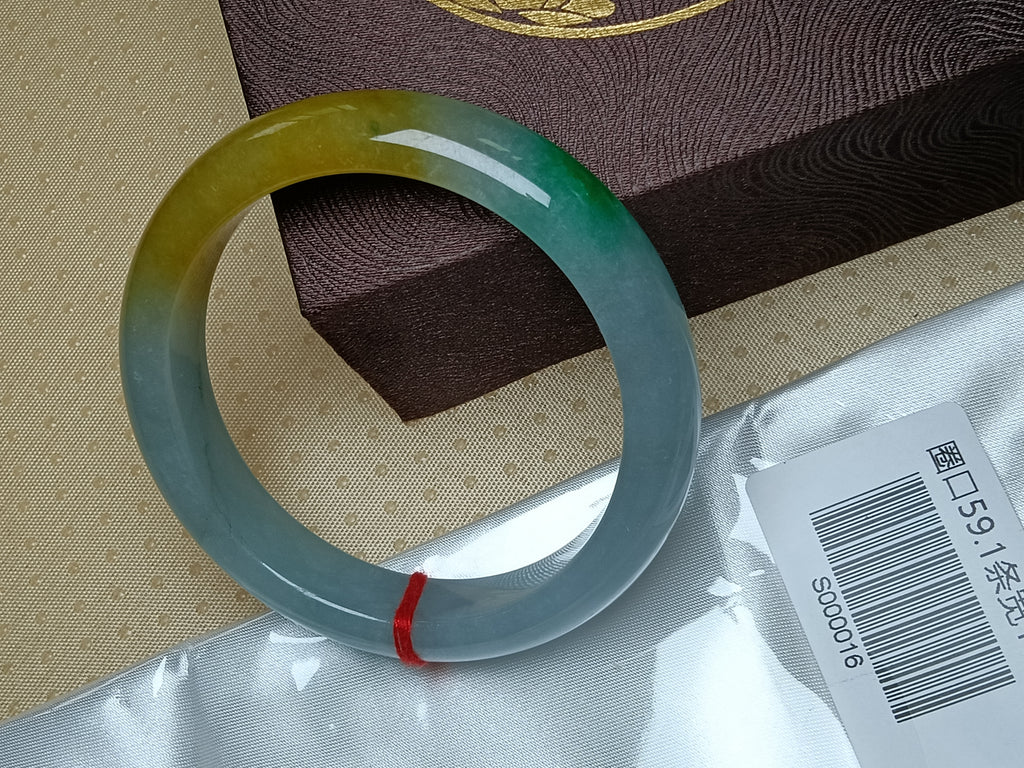 Shiny Icy Apple Green & White Yellow-Brown Patches Burmess Grade A Jadeite Bracelets (Size:59mm) #S016