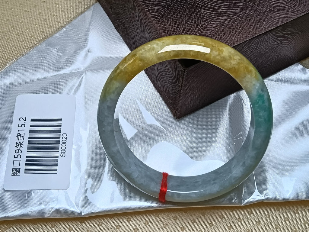 Icy Apple Green & White with Yellow-Brown Patches Burmess Grade A Jadeite Bracelets (Size:59mm) #S020