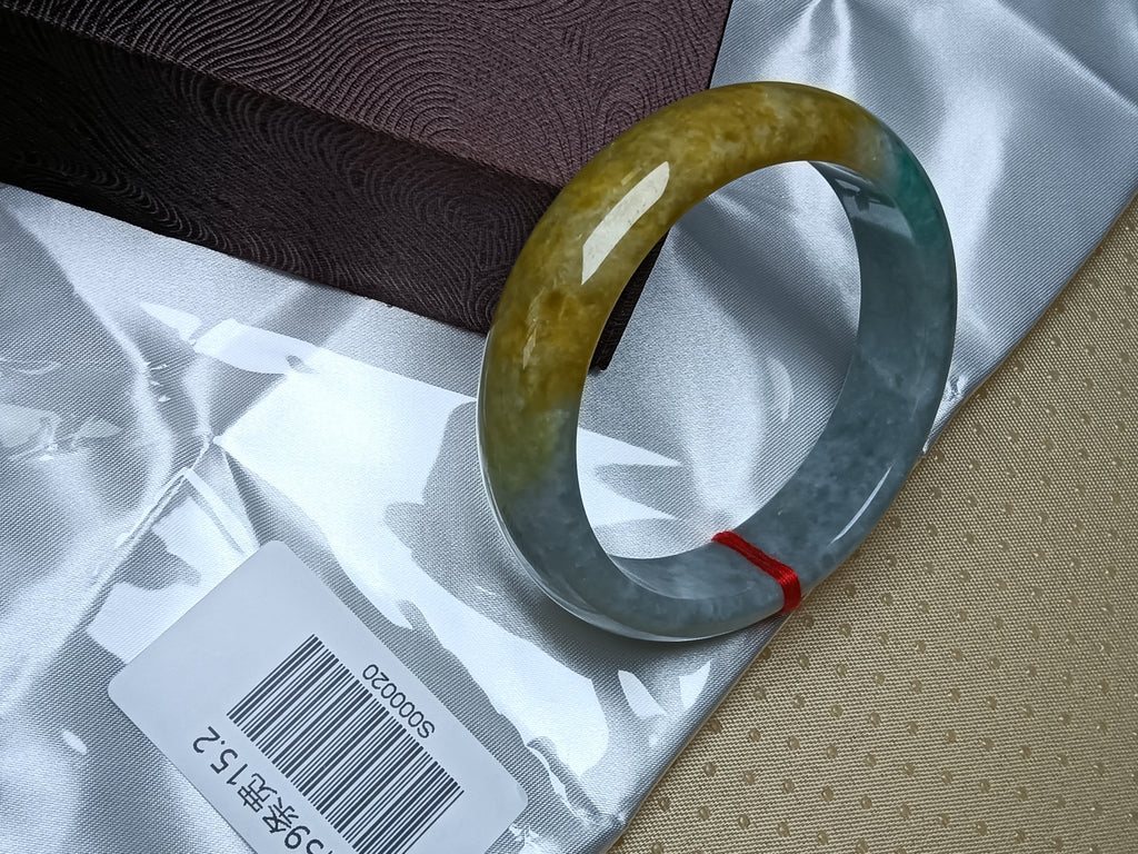 Icy Apple Green & White with Yellow-Brown Patches Burmess Grade A Jadeite Bracelets (Size:59mm) #S020