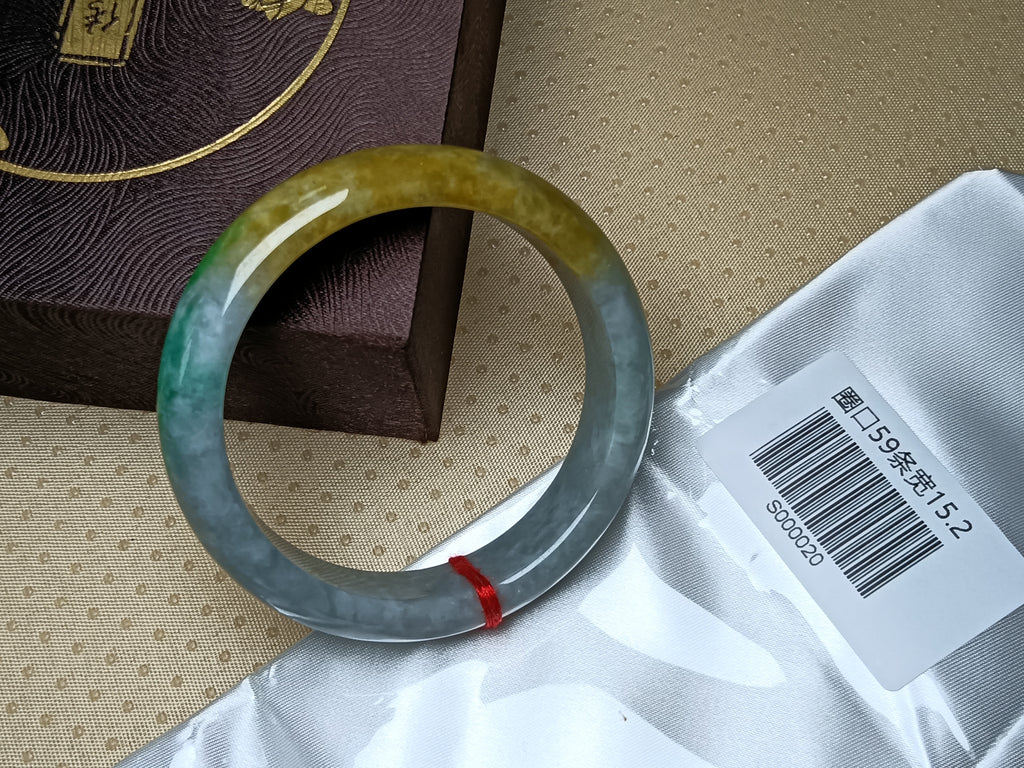 Icy Apple Green & White with Yellow-Brown Patches Burmess Grade A Jadeite Bracelets (Size:59mm) #S020