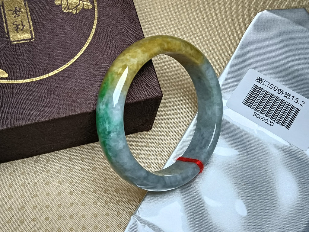 Icy Apple Green & White with Yellow-Brown Patches Burmess Grade A Jadeite Bracelets (Size:59mm) #S020
