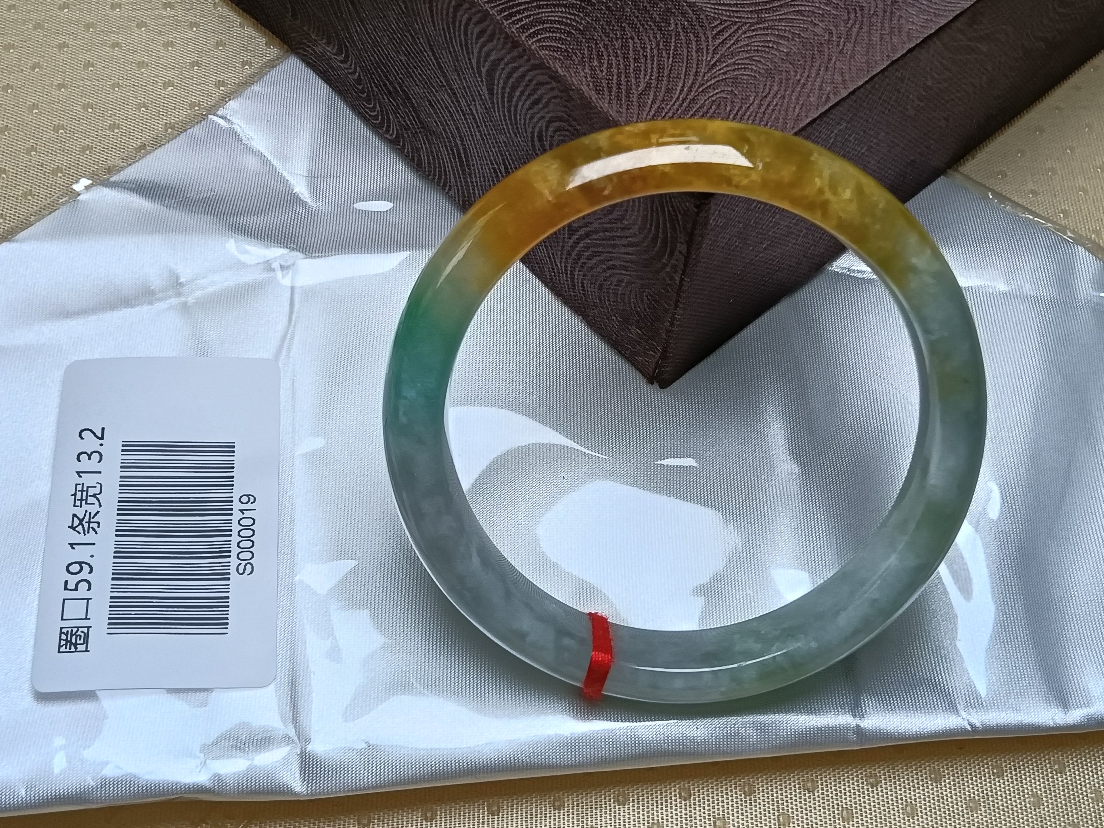 Icy Apple Green & White with Yellow-Brown Patches Burmess Grade A Jadeite Bracelets (Size:59.1mm) #S019