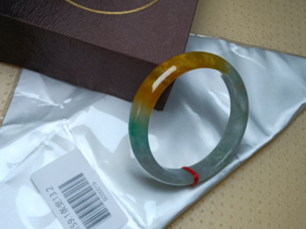 Icy Apple Green & White with Yellow-Brown Patches Burmess Grade A Jadeite Bracelets (Size:59.1mm) #S019