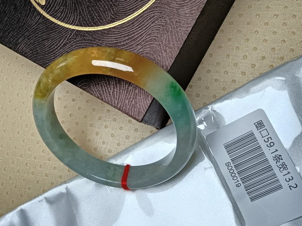 Icy Apple Green & White with Yellow-Brown Patches Burmess Grade A Jadeite Bracelets (Size:59.1mm) #S019