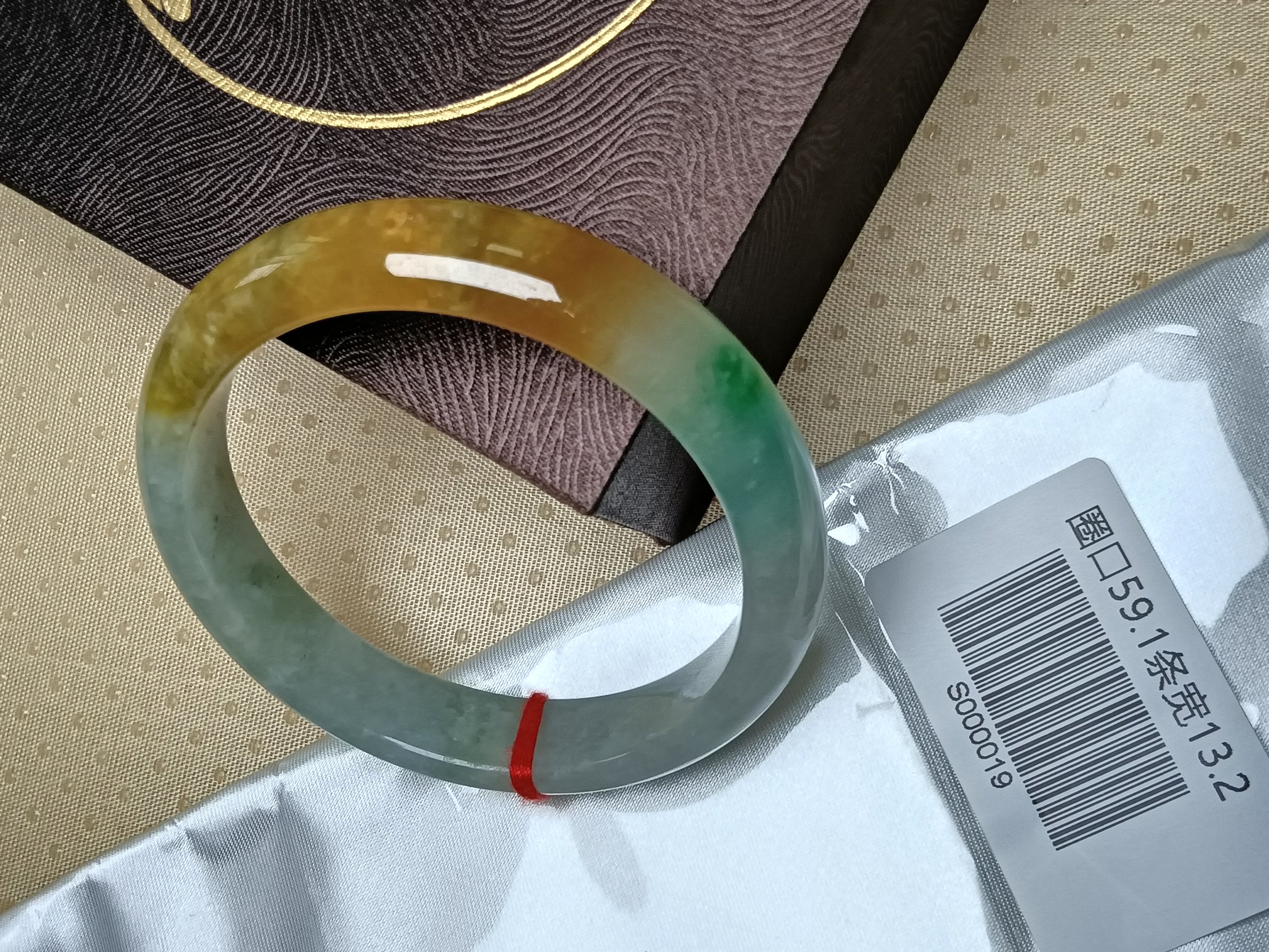 Icy Apple Green & White with Yellow-Brown Patches Burmess Grade A Jadeite Bracelets (Size:59.1mm) #S019
