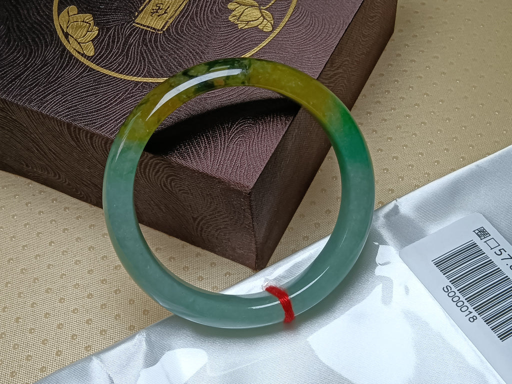 Transparent Icy Apple Green with Yellow-"Wuji" Patches Burmess Grade A Jadeite Bracelets (Size:57-58mm) #S018