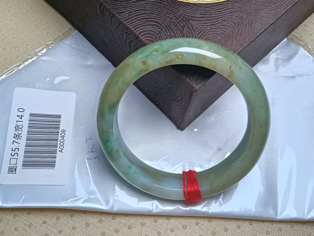 Mottled Color Green White and Yellow  with Spot Burmese Jadeite Bracelet with Certificate (Size:56mm) #A409