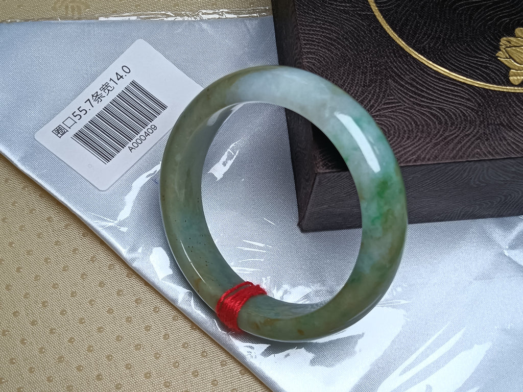 Mottled Color Green White and Yellow  with Spot Burmese Jadeite Bracelet with Certificate (Size:56mm) #A409