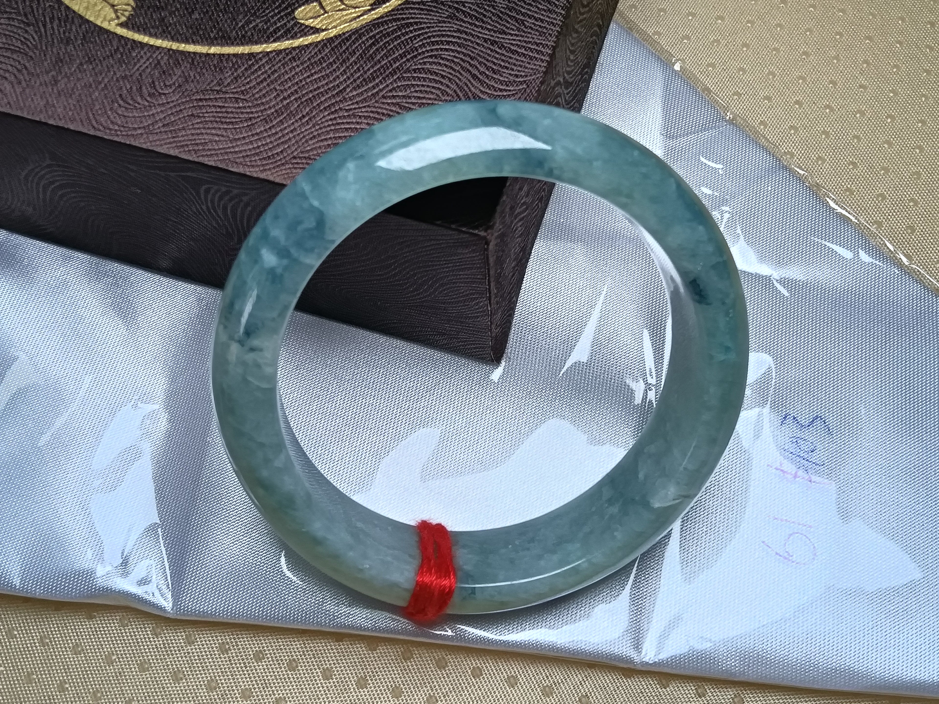 Light Green with Dark Green Inclusion Burmese Jadeite Bracelet with Certificate (Size:61mm) #B6103