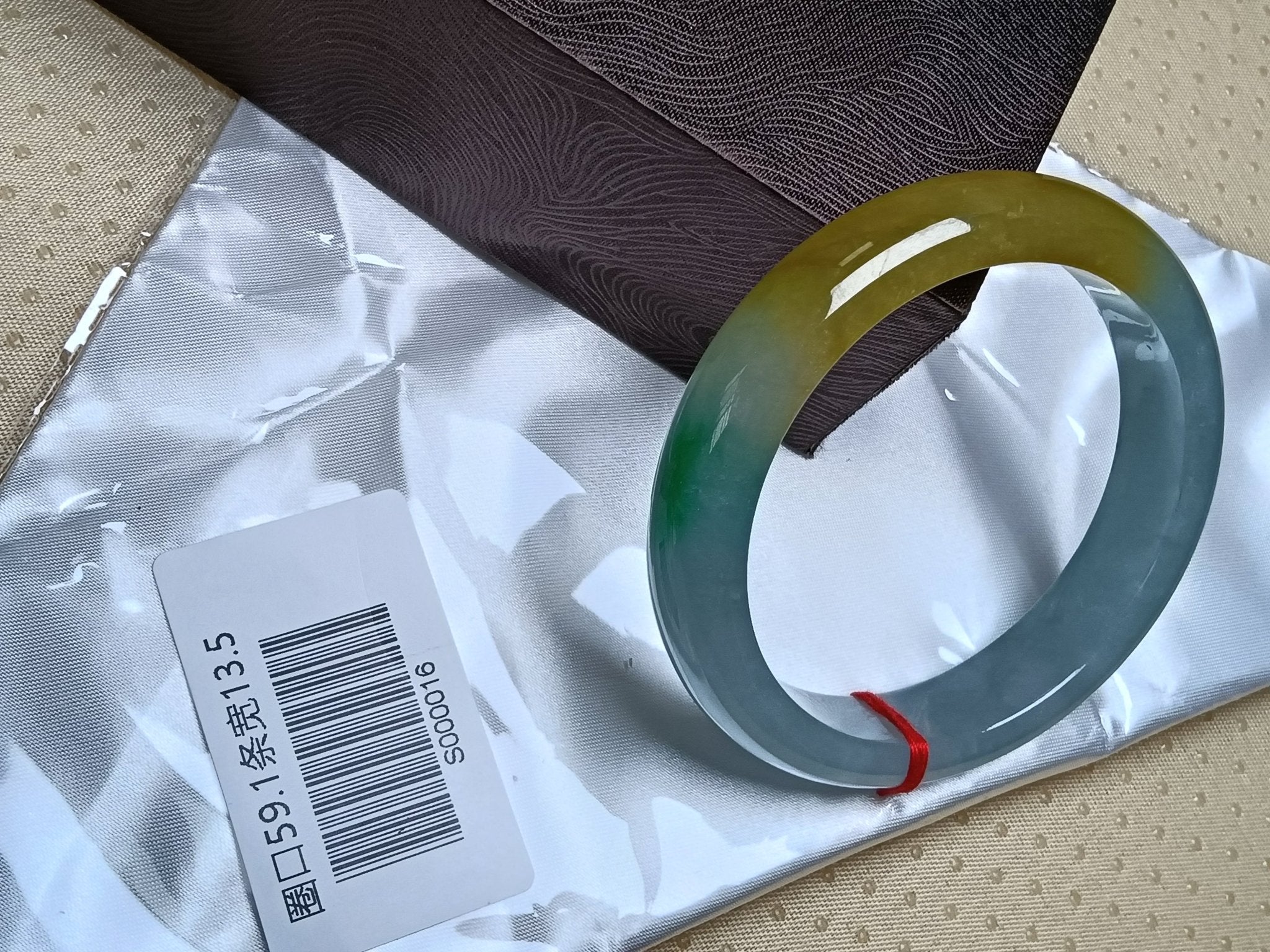 Shiny Icy Apple Green & White Yellow - Brown Patches Burmess Grade A Jadeite Bracelets (Size:59mm) S016 - Jadeite Ding
