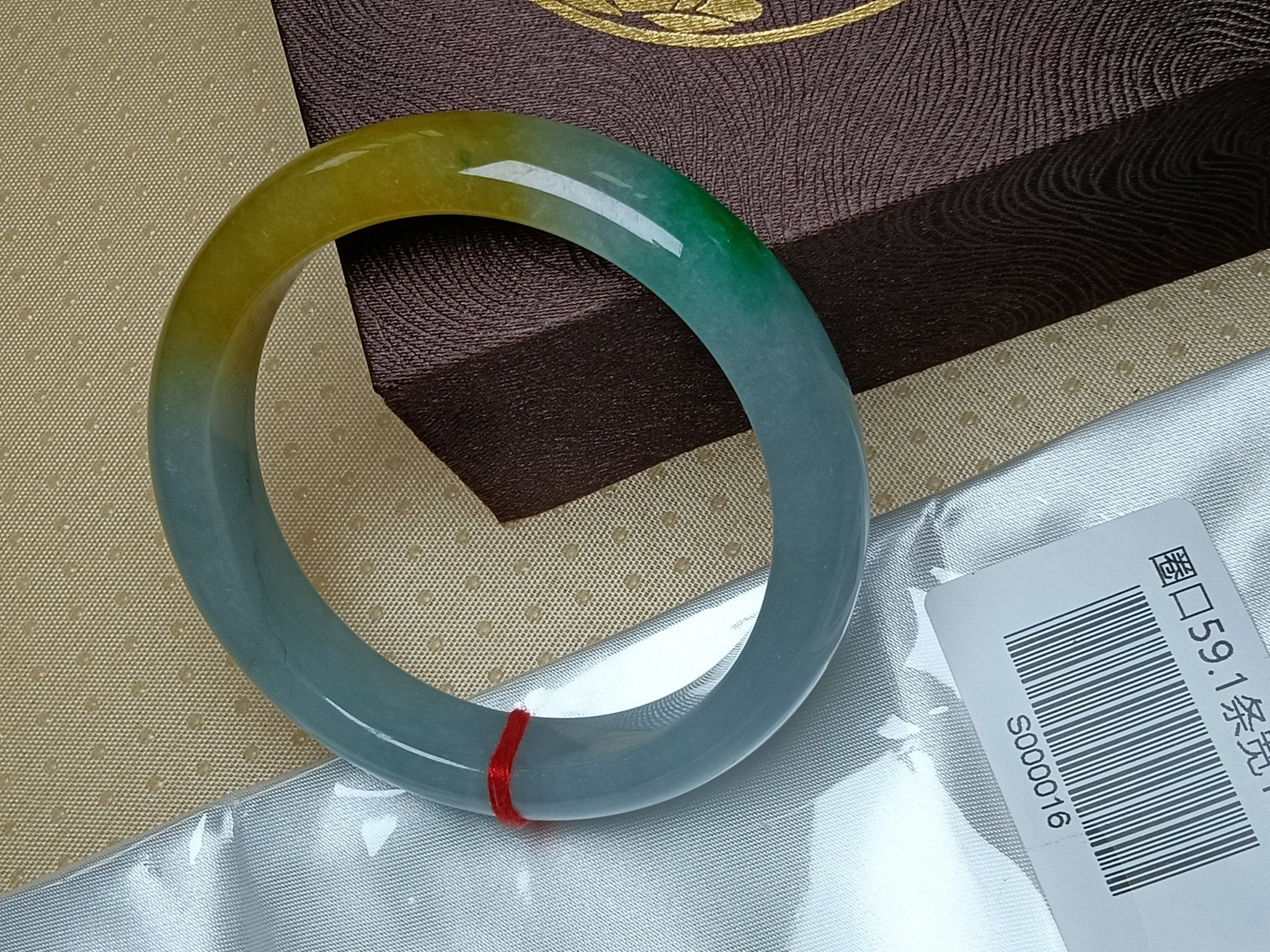 Shiny Icy Apple Green & White Yellow - Brown Patches Burmess Grade A Jadeite Bracelets (Size:59mm) S016 - Jadeite Ding